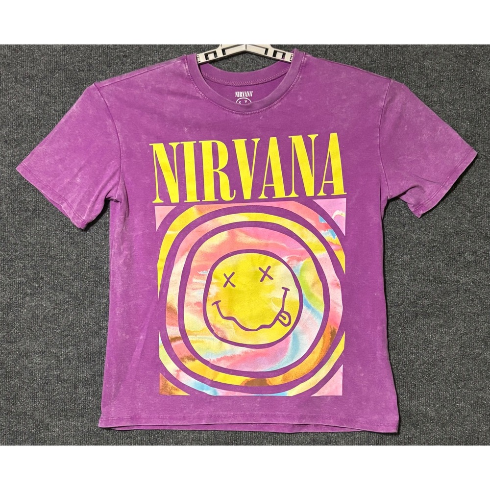 Nirvana Mens L T-Shirt Purple Live 93 Tour Smiley Face Acid Wash
